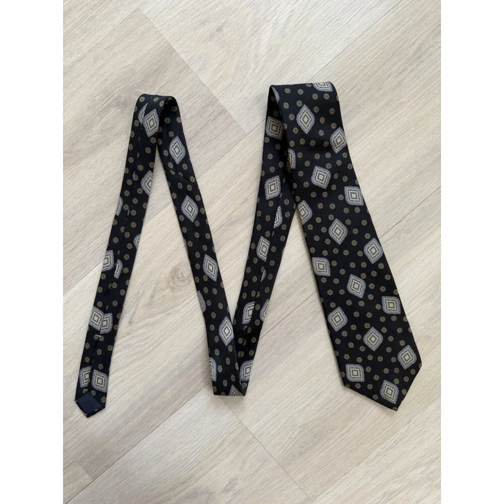 Vintage Chaps Ralph Lauren Men Silk Geometric Tie Black Blue Gold Pointed Woven